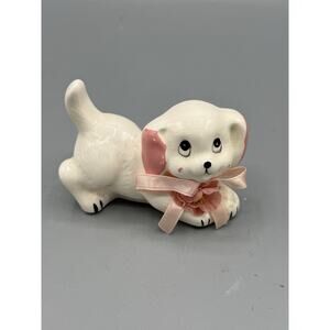 Vintage Ceramic Puppy Dog Planter Pink Ears Bow Flower Small Kitsch Figurine